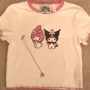 Hello Kitty Set w/ White & Pink Lettuce Sleeve Tee & 23’ Sanrio Necklace